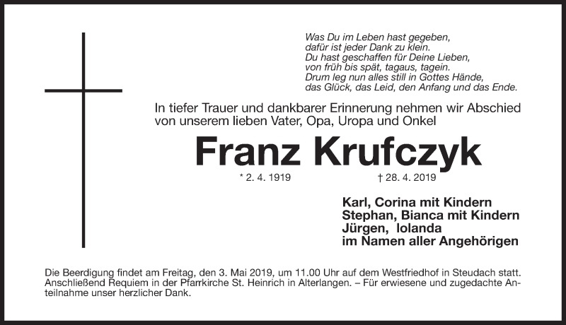 Traueranzeige von Franz Krufczyk